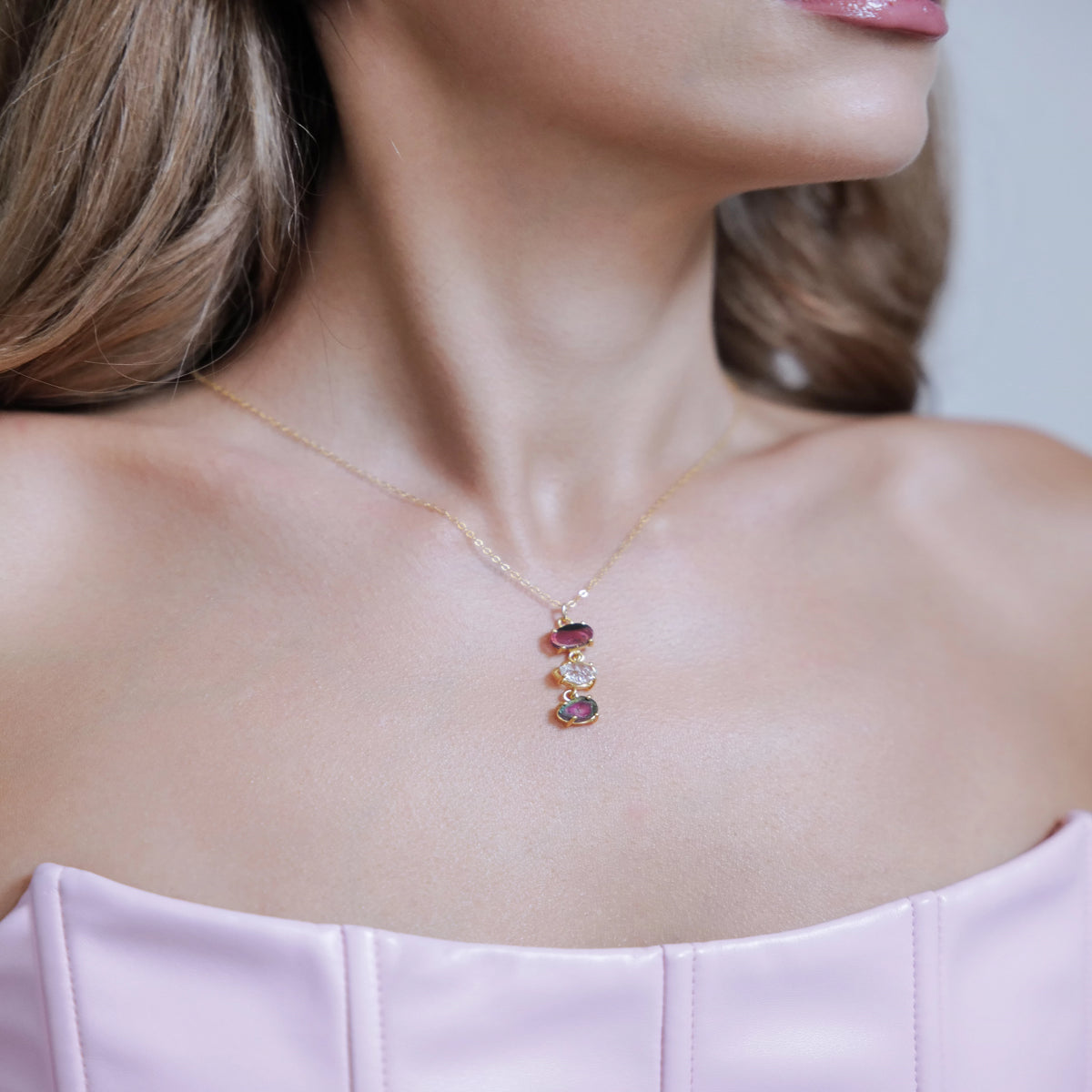 Gold-filled watermelon tourmaline gemstone necklace