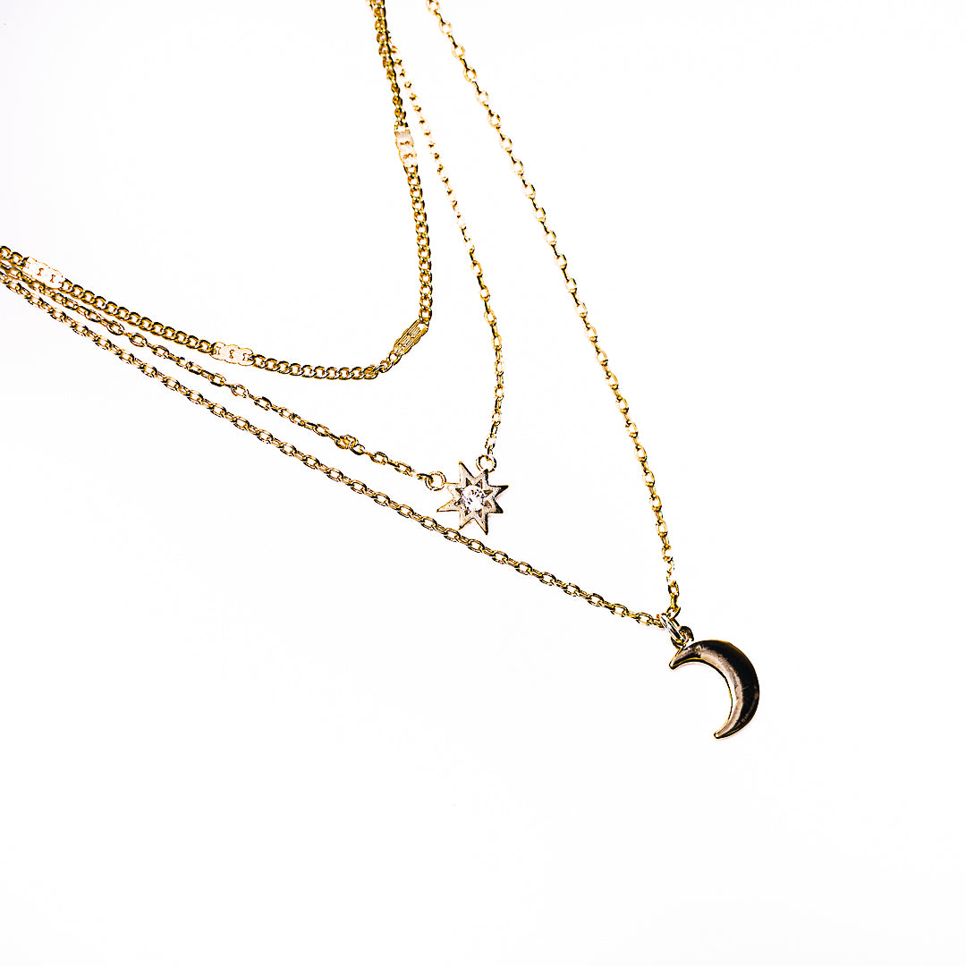 Multi-Layer Moon and Sun Necklace in 18k gold plated brass – view 2