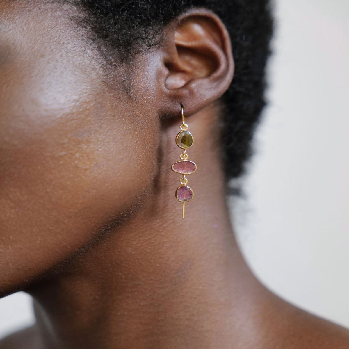 Herkimer diamond and watermelon tourmaline earring detail