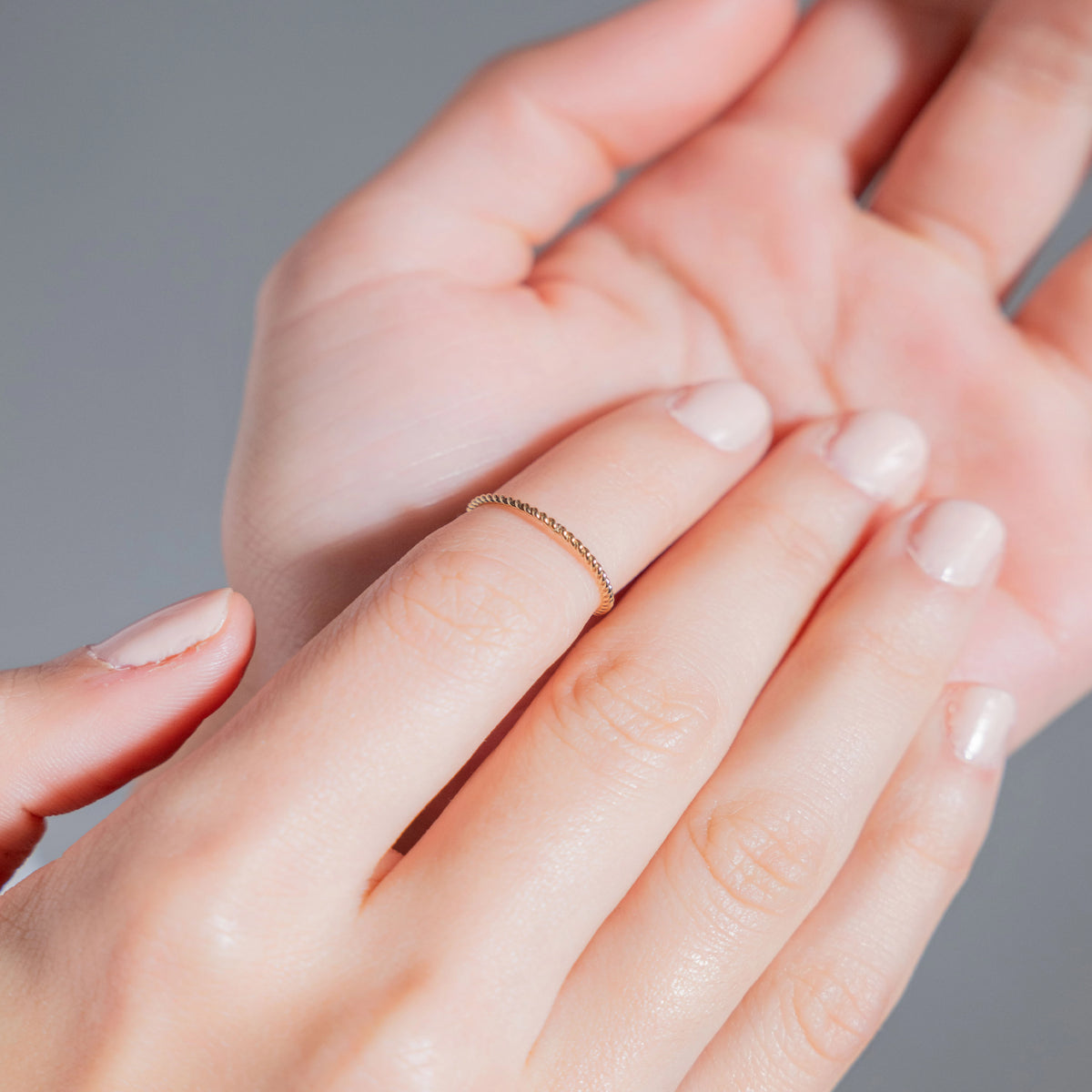 Hand-formed twisted gold-filled stacking ring detail