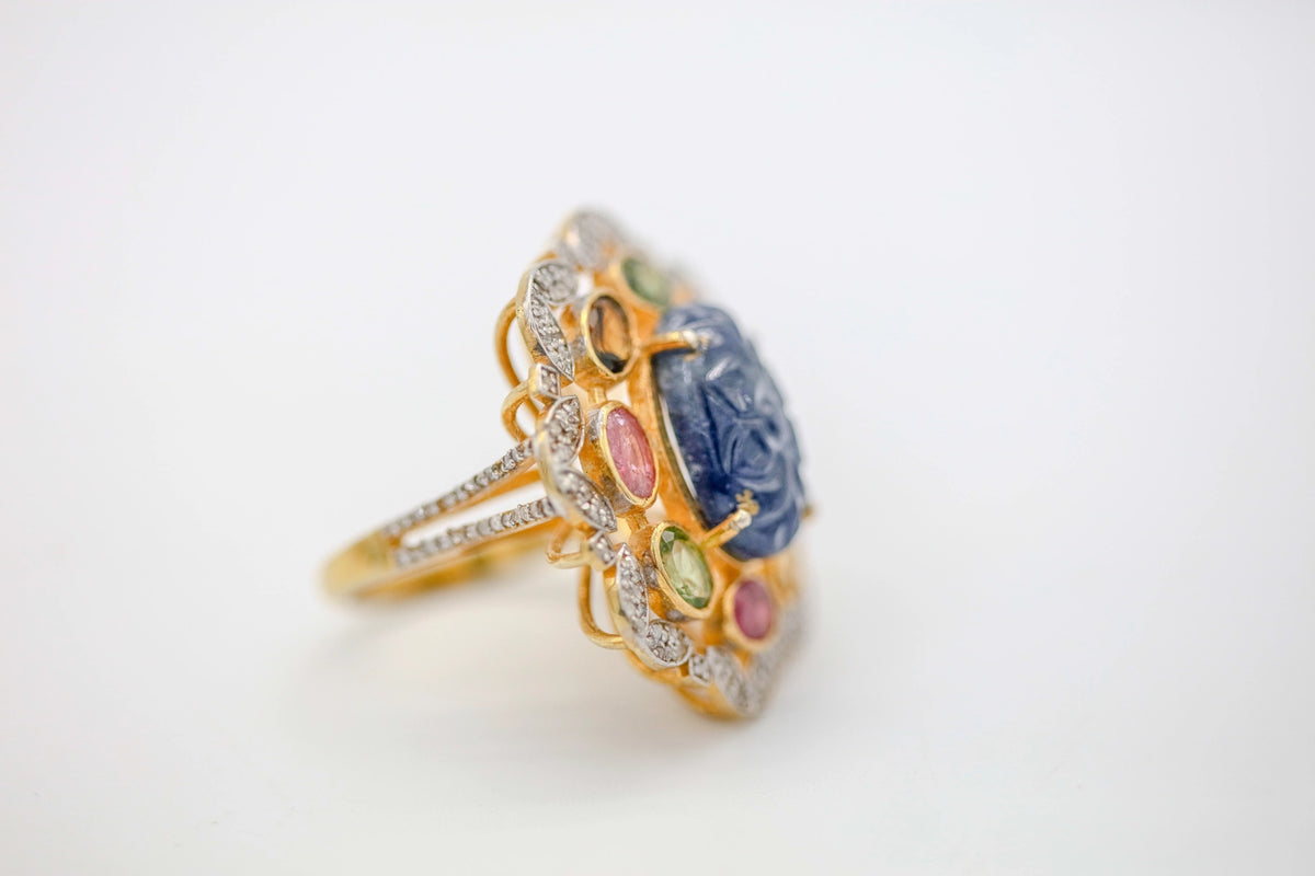 Carved Sapphire & Multicolor Gemstone Diamond One of One Ring – view 5