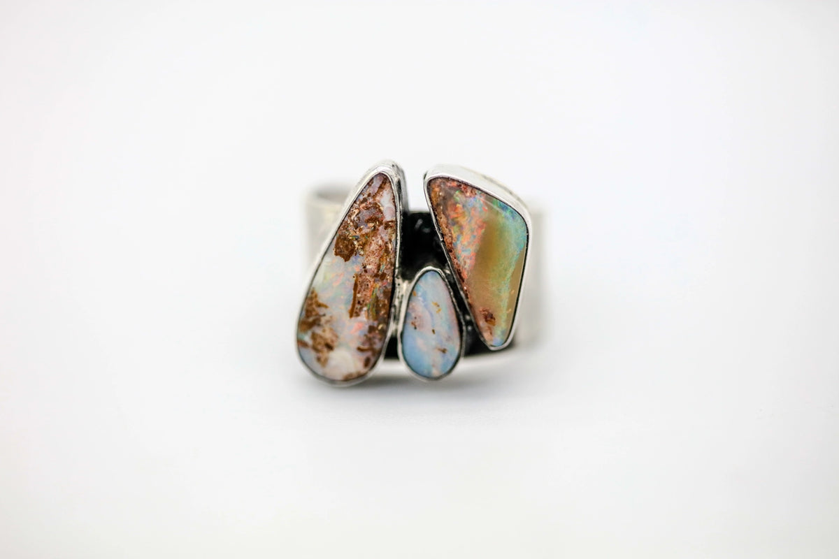 Boulder Opal Three-Stone One of One Ring by Made Design Jewelry