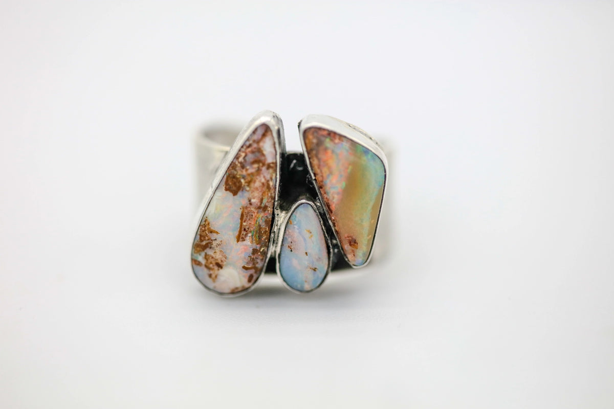 Boulder Opal Three-Stone One of One Ring – view 2