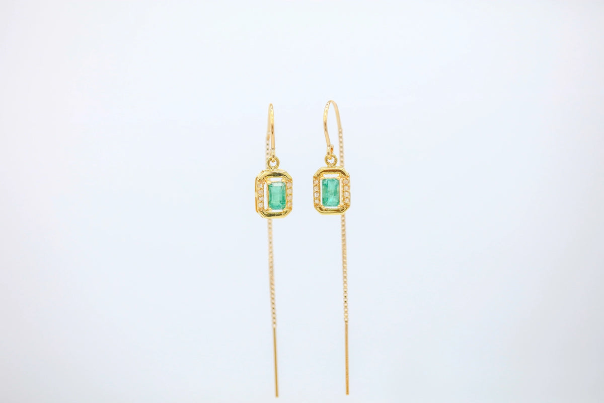 Colombian Emerald Diamond Halo Threader Earrings in Gold Vermeil – view 5