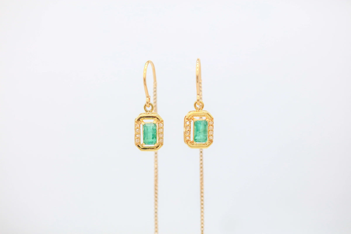 Colombian Emerald Diamond Halo Threader Earrings in Gold Vermeil – view 2