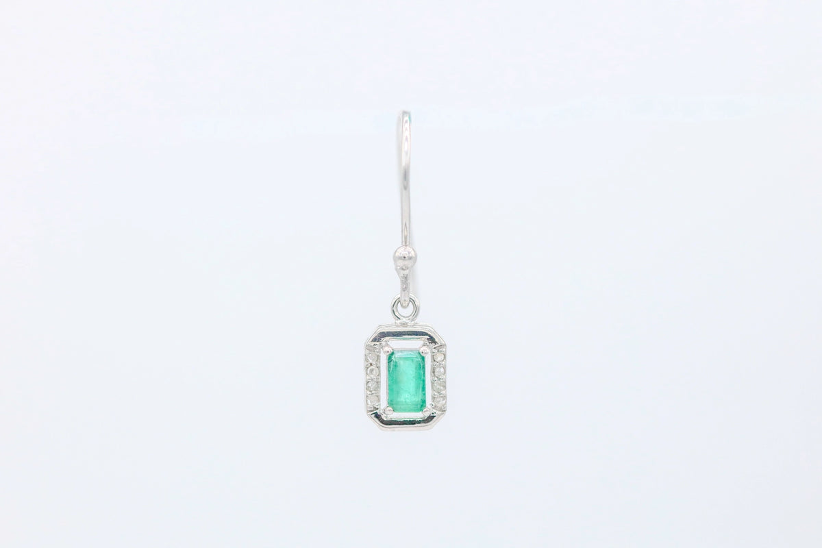 Colombian Emerald Diamond Halo Drop Earrings in Sterling Silver – view 2