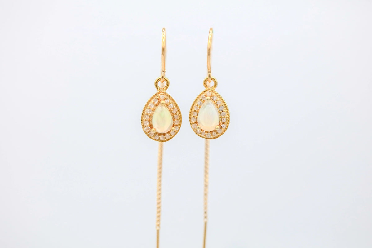 Opal Diamond Halo Threader Earrings in Gold Vermeil – view 3