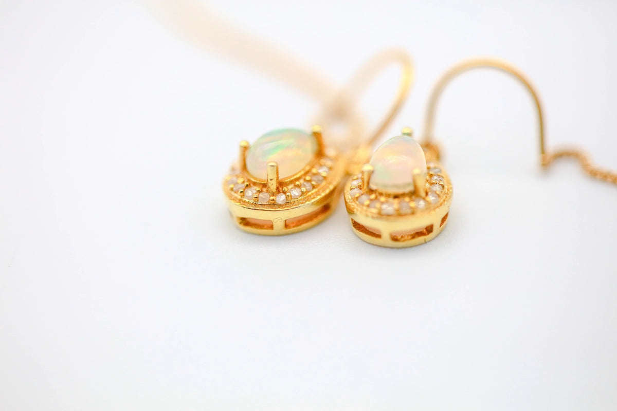 Opal Diamond Halo Threader Earrings in Gold Vermeil – view 4