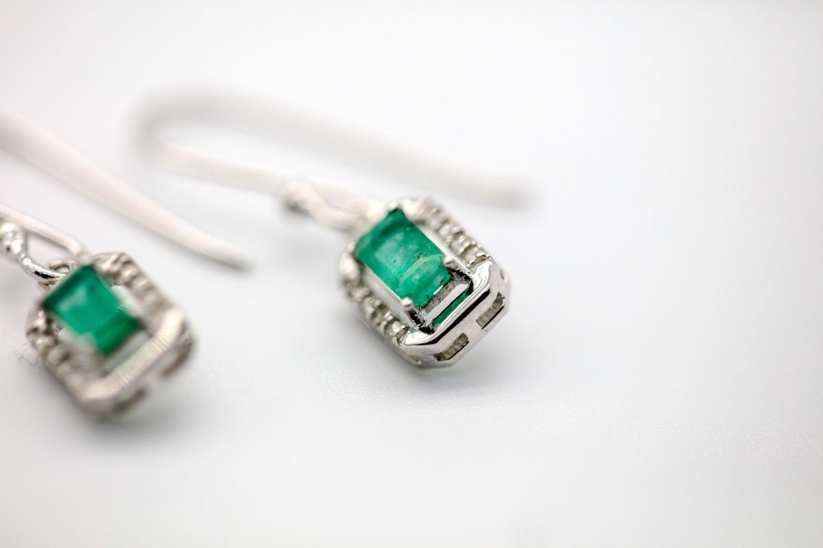 Colombian Emerald Diamond Halo Drop Earrings in Sterling Silver by Made Design Jewelry
