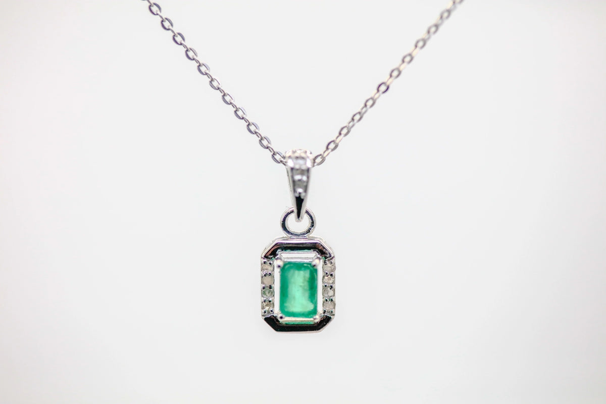 Colombian Emerald Diamond Halo Pendant in Sterling Silver by Made Design Jewelry