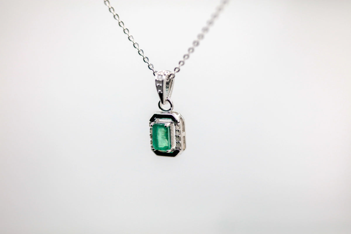 Colombian Emerald Diamond Halo Pendant in Sterling Silver – view 3