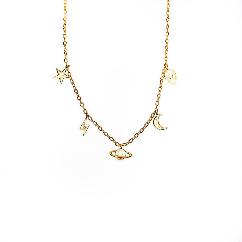 Space Multi Pendant Necklace in 18k gold plated brass by Made Design Jewelry
