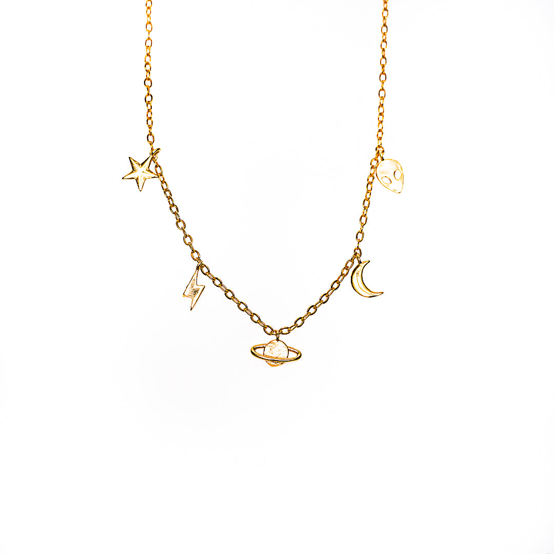 Space Multi Pendant Necklace in 18k gold plated brass by Made Design Jewelry
