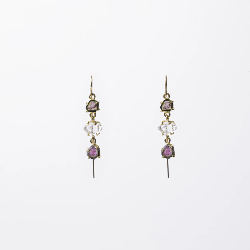 Watermelon tourmaline and Herkimer diamond threader earrings