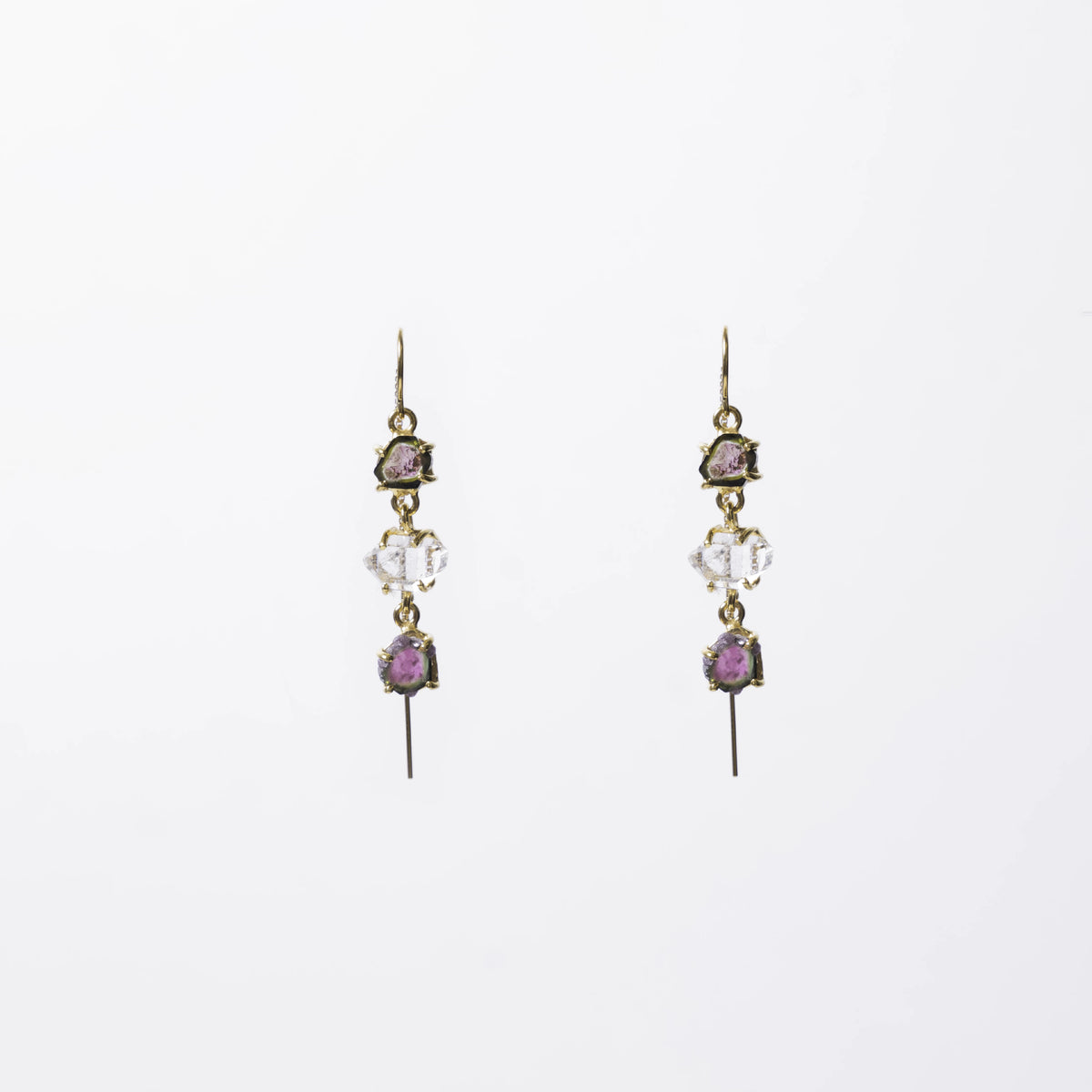 Watermelon tourmaline and Herkimer diamond threader earrings