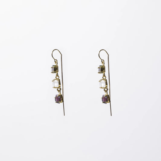 Triple Drop Watermelon Tourmaline Herkimer Diamond Earrings