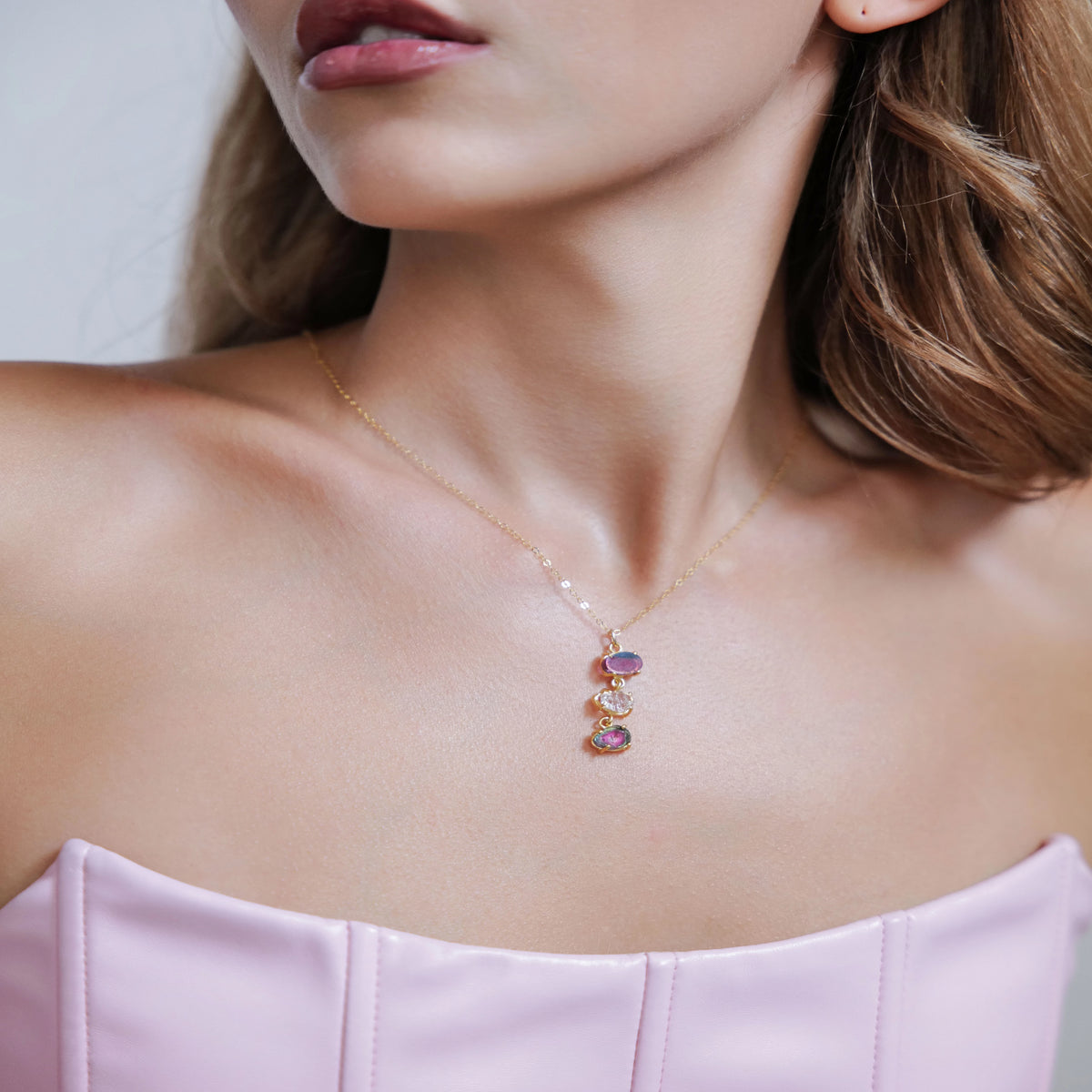 Watermelon tourmaline Herkimer diamond necklace detail
