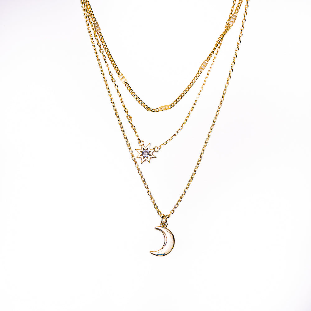 Multi-Layer Moon and Sun Necklace in 18k gold plated brass by Made Design Jewelry