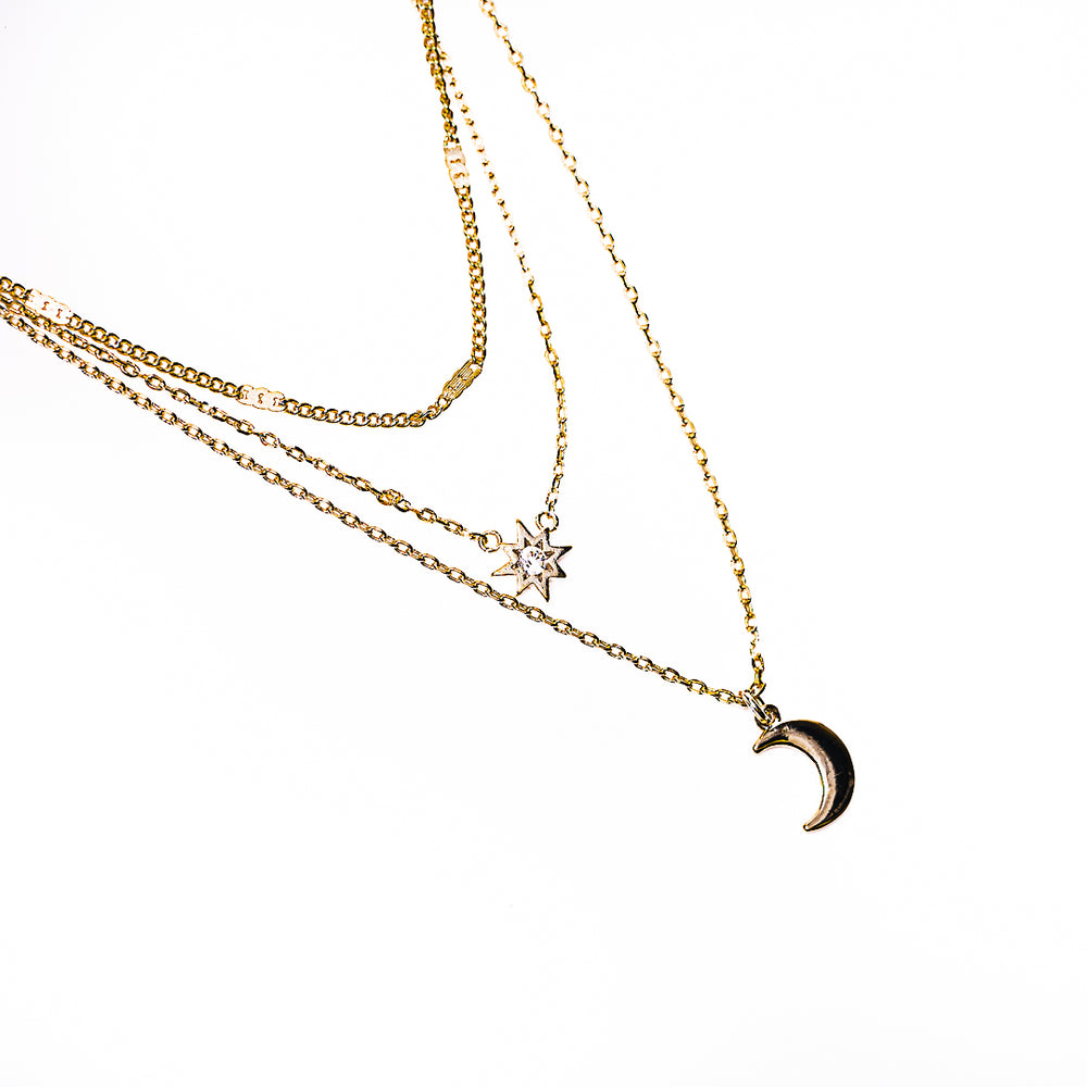 Multi-Layer Moon and Sun Necklace in 18k gold plated brass – view 2
