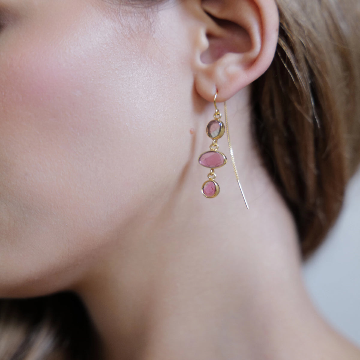Watermelon tourmaline Herkimer diamond earrings detail