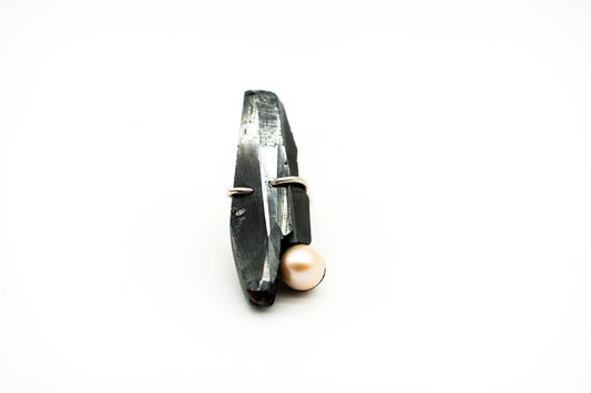 Polished Black Tourmaline with Freshwater Pearl