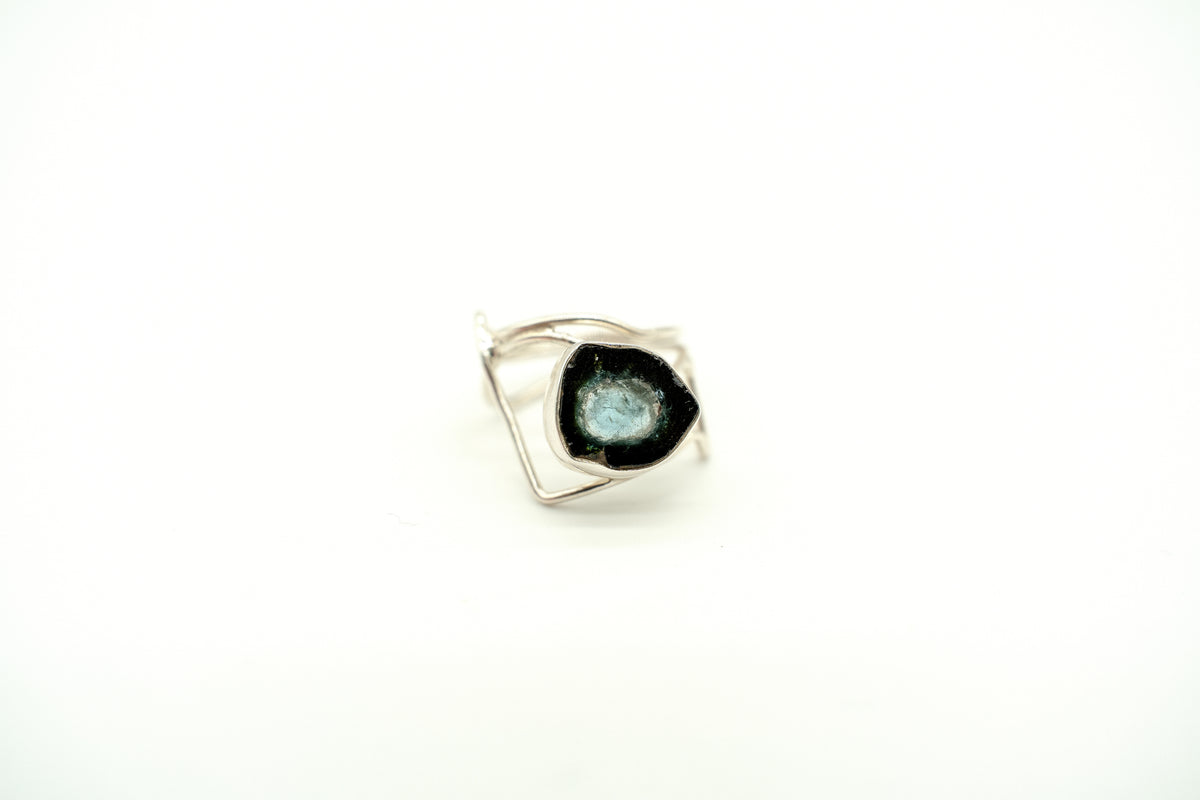 Raw Green Tourmaline Wrapped Ring in sterling silver – view 2