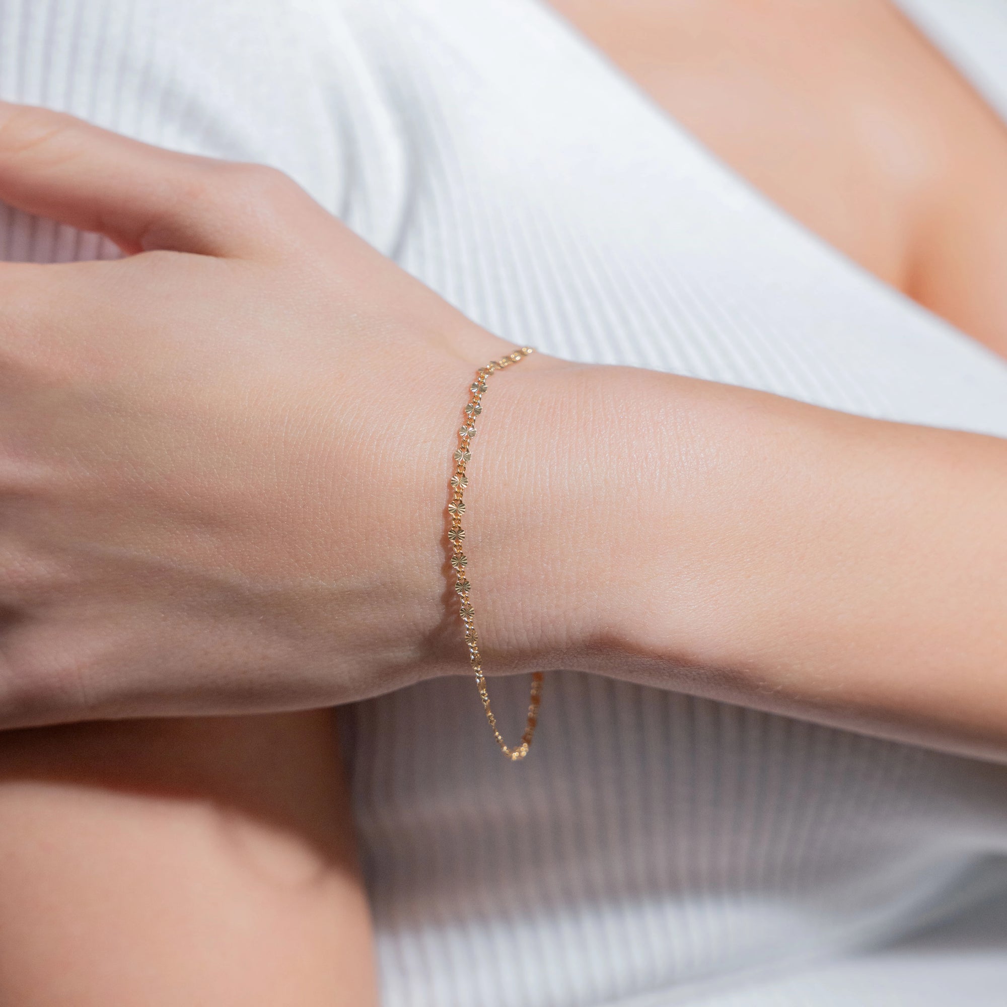 Star Plate Link 14K gold-filled bracelet worn on wrist