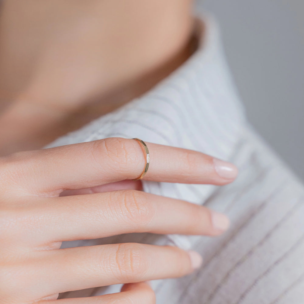 Hand-hammered gold-filled stacking ring detail