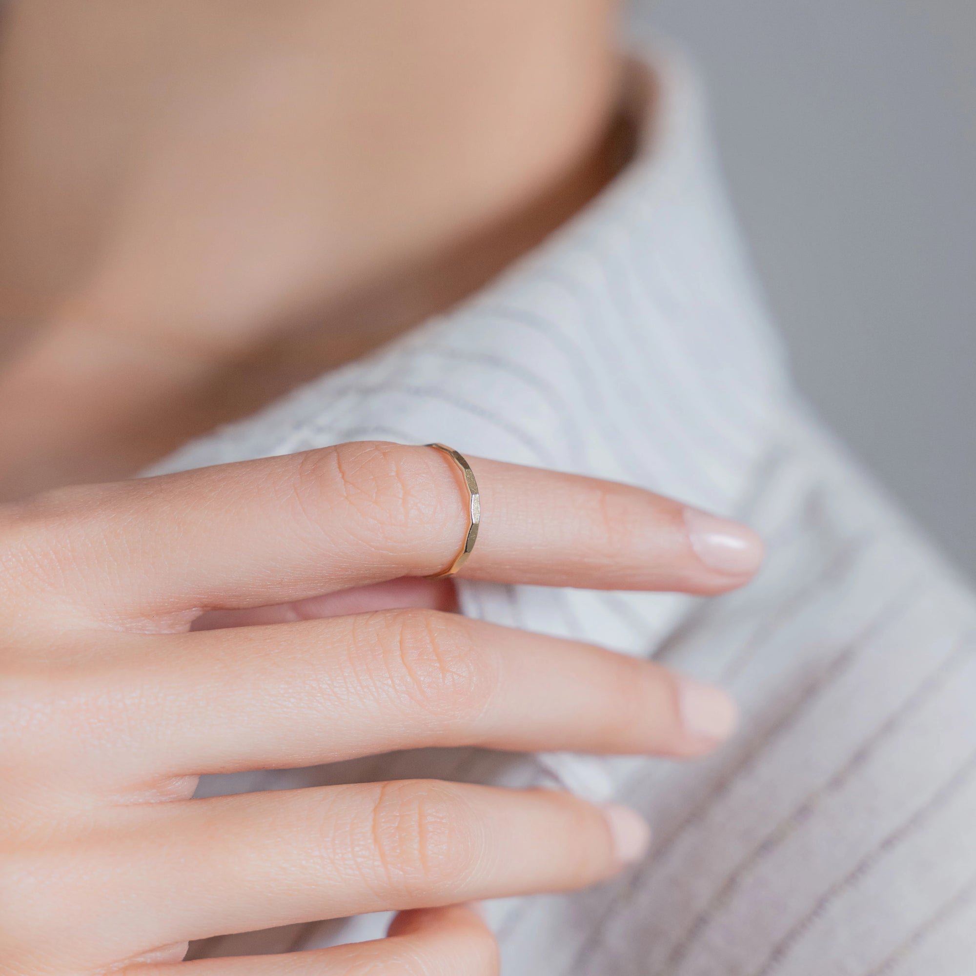 Hand-hammered gold-filled stacking ring detail