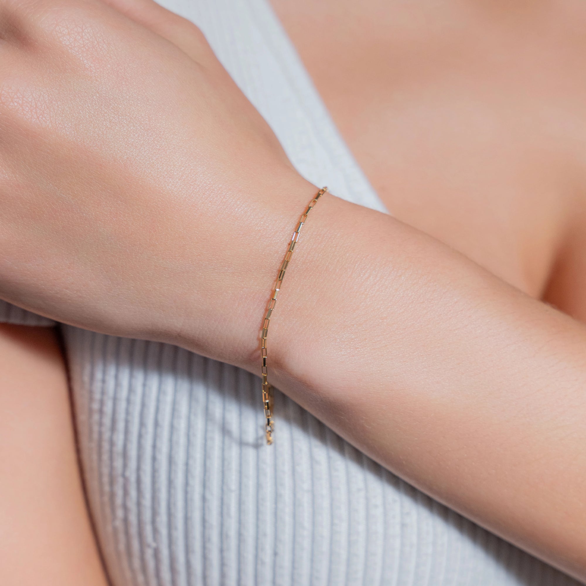Rectangle Loop 14K gold-filled bracelet worn on wrist