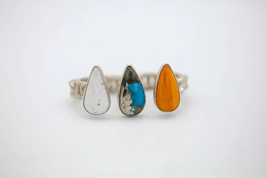 White Buffalo, Persian Turquoise & Rosarita Two-Finger One of One Ring by Made Design Jewelry