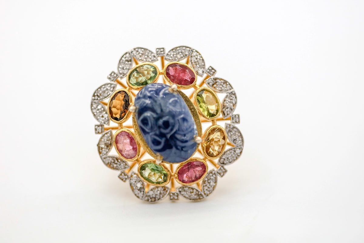 Carved Sapphire & Multicolor Gemstone Diamond One of One Ring – view 2