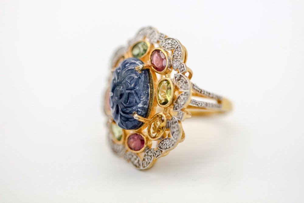 Carved Sapphire & Multicolor Gemstone Diamond One of One Ring by Made Design Jewelry