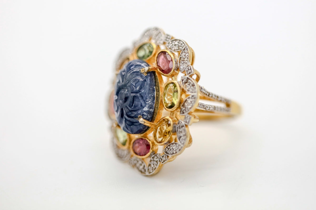 Carved Sapphire & Multicolor Gemstone Diamond One of One Ring by Made Design Jewelry