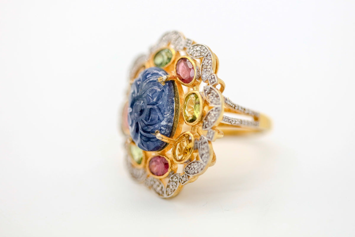 Carved Sapphire & Multicolor Gemstone Diamond One of One Ring – view 3