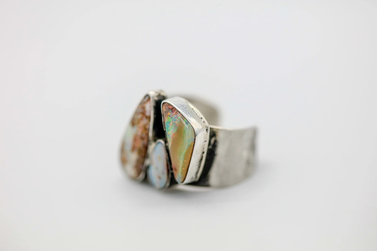 Boulder Opal Three-Stone One of One Ring – view 3