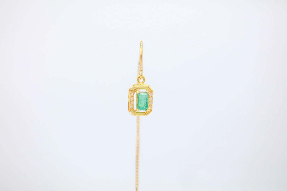 Colombian Emerald Diamond Halo Threader Earrings in Gold Vermeil – view 3