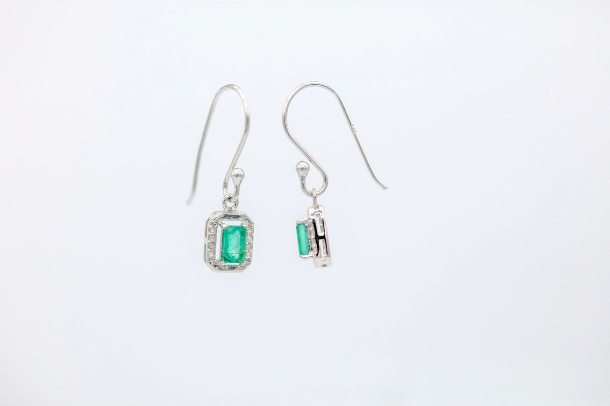 Colombian Emerald Diamond Halo Drop Earrings in Sterling Silver – view 3