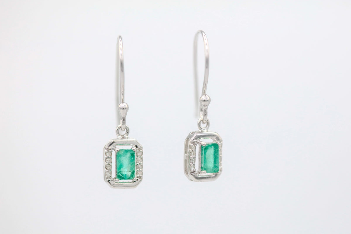 Colombian Emerald Diamond Halo Drop Earrings in Sterling Silver – view 4
