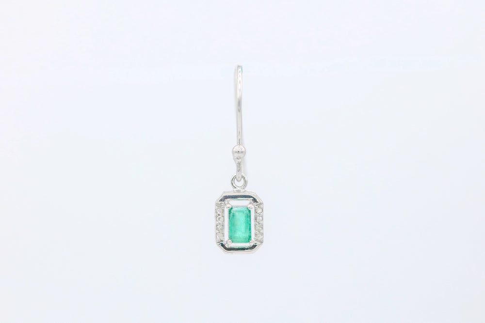 Colombian Emerald Diamond Halo Drop Earrings in Sterling Silver – view 2