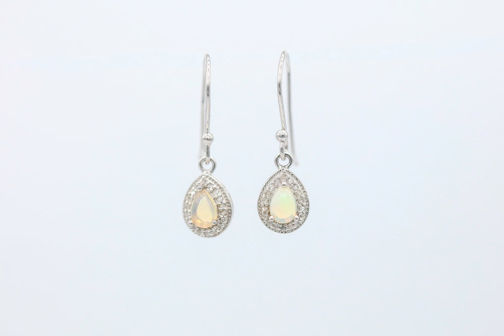 Opal Diamond Halo Drop Earrings in Sterling Silver – view 2