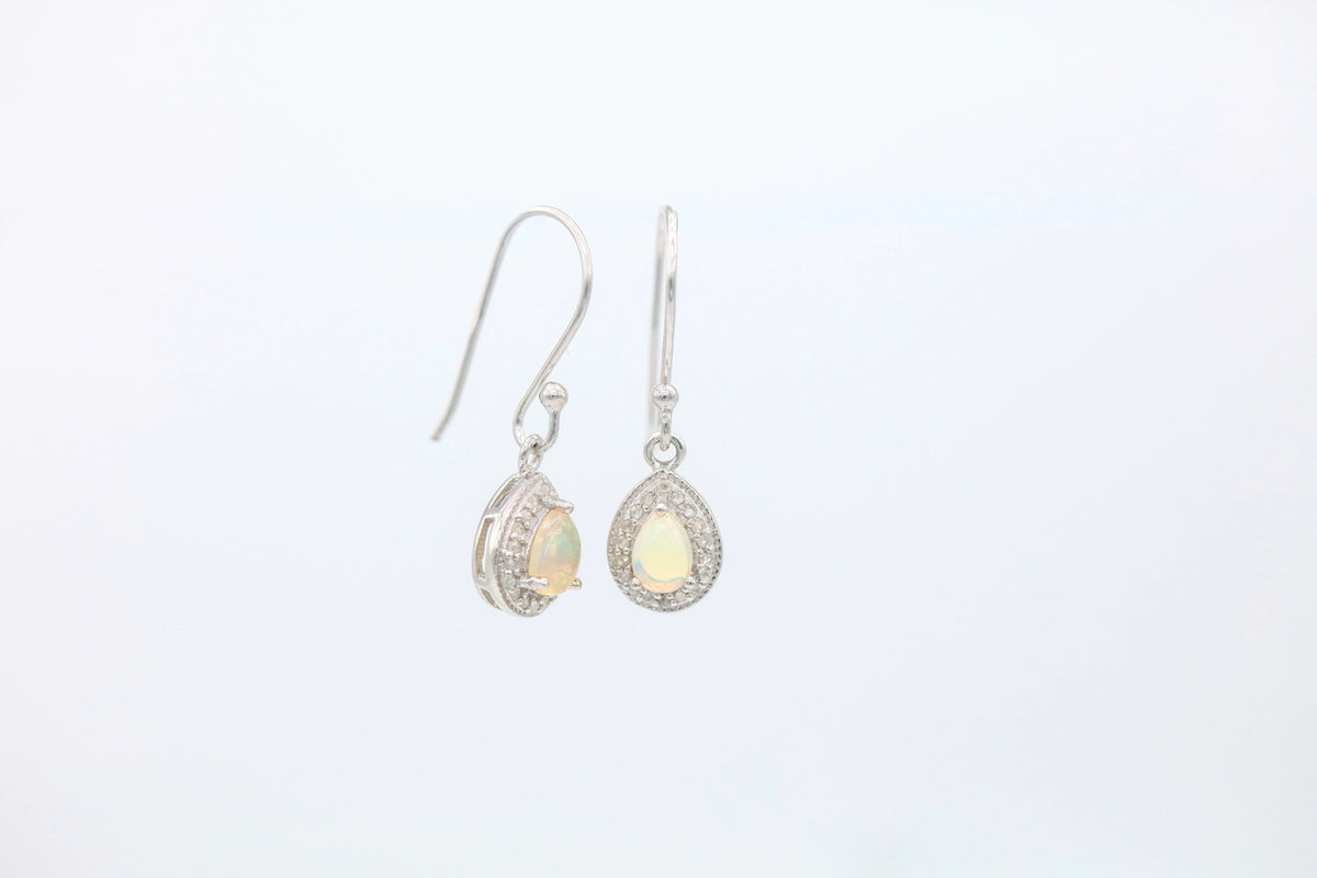 Opal Diamond Halo Drop Earrings in Sterling Silver – view 3