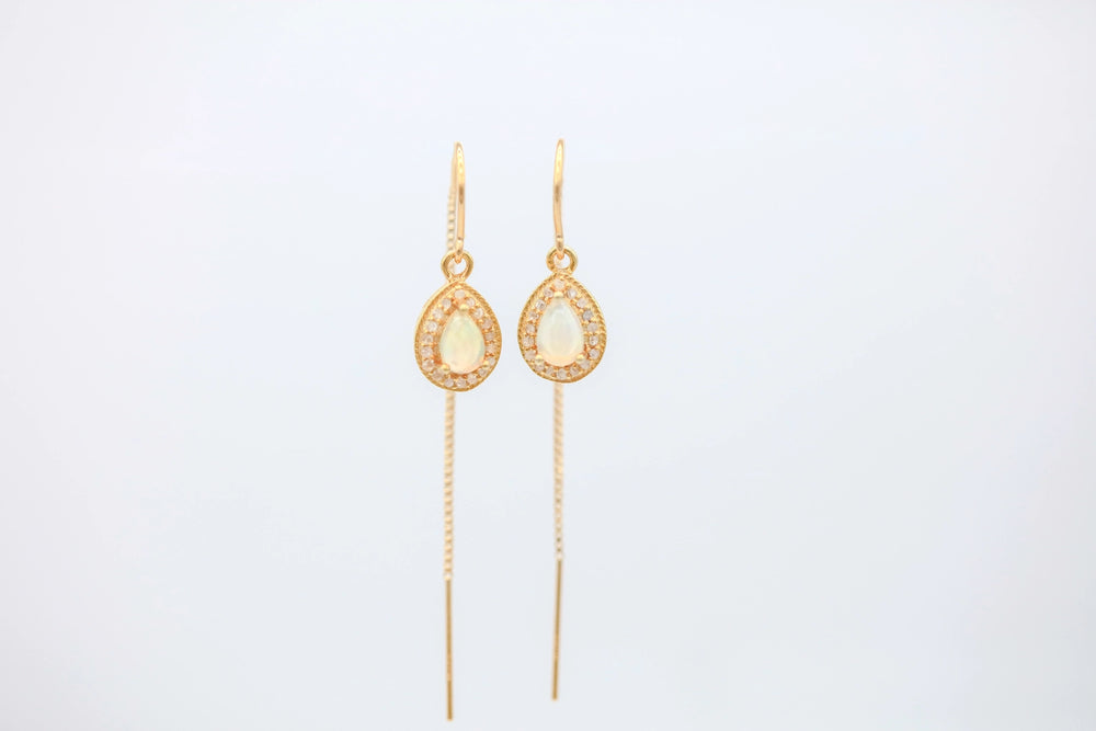 Opal Diamond Halo Threader Earrings in Gold Vermeil – view 2