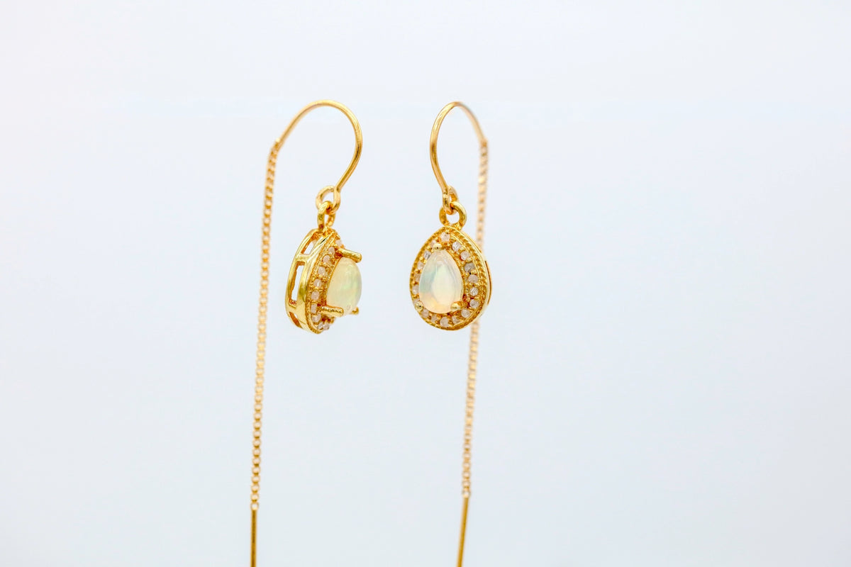 Opal Diamond Halo Threader Earrings in Gold Vermeil – view 5