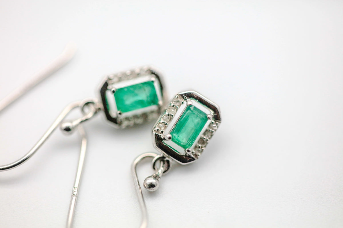 Colombian Emerald Diamond Halo Drop Earrings in Sterling Silver – view 5