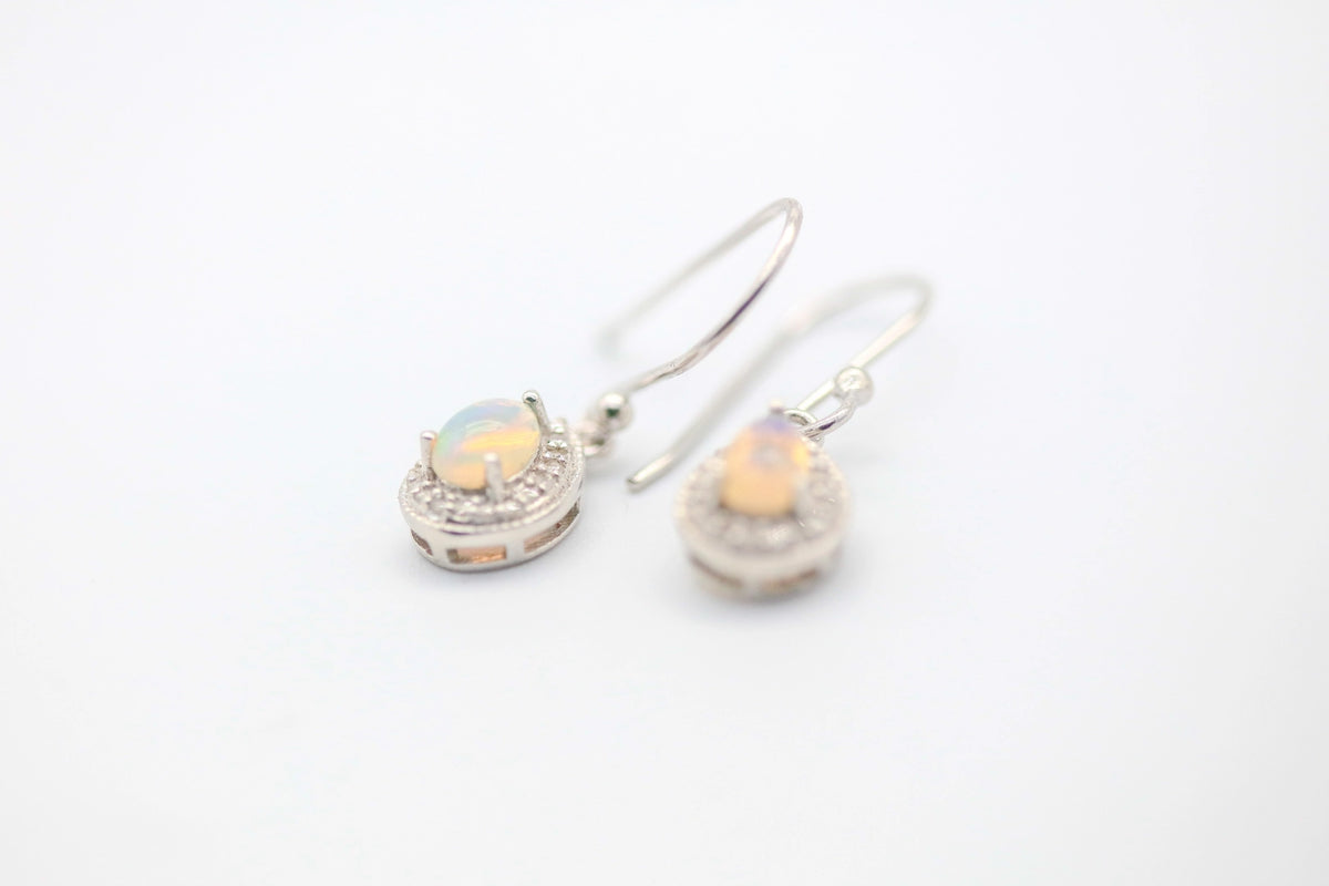 Opal Diamond Halo Drop Earrings in Sterling Silver – view 5