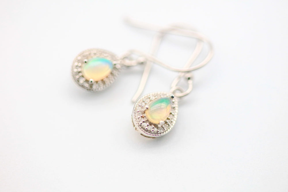 Opal Diamond Halo Drop Earrings in Sterling Silver by Made Design Jewelry