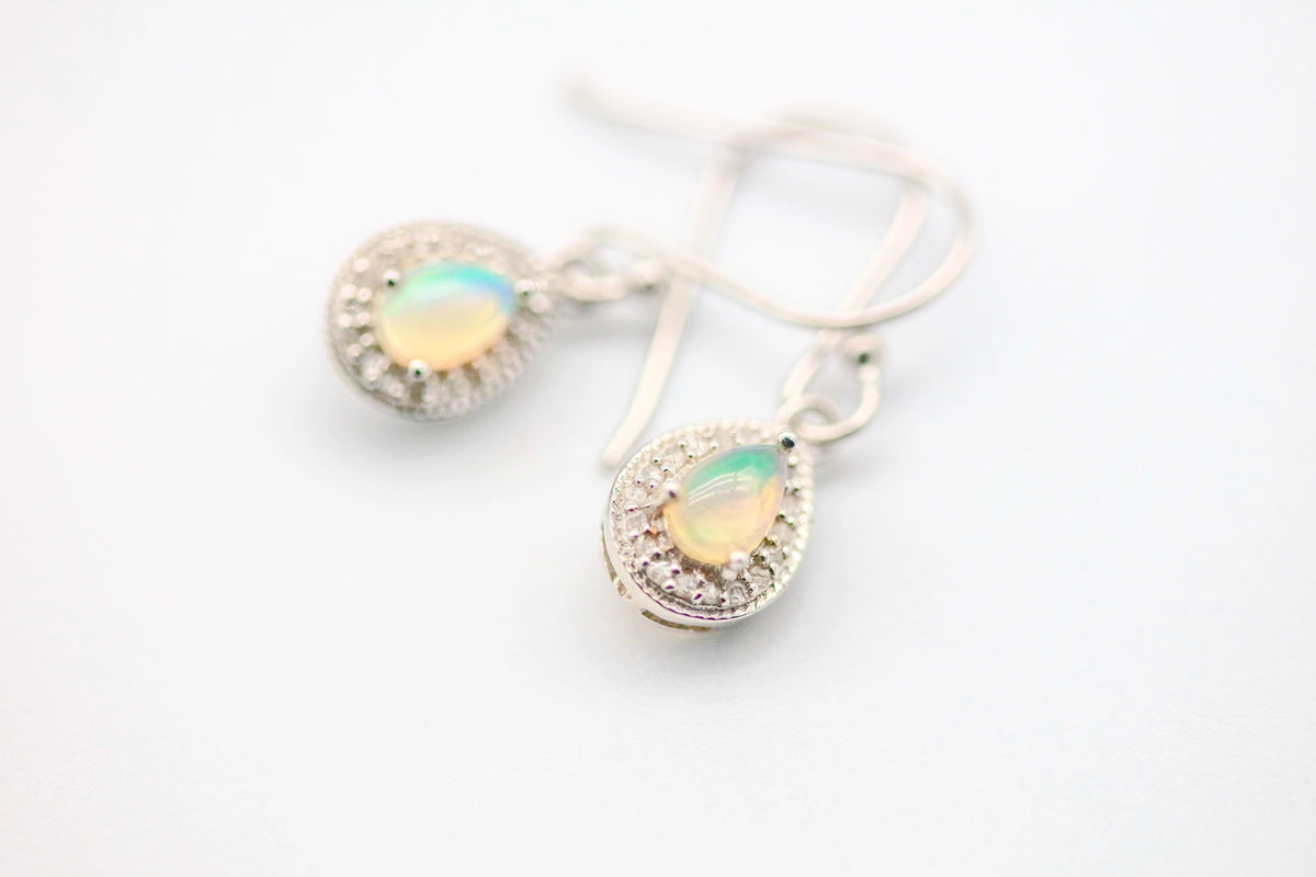 Opal Diamond Halo Drop Earrings in Sterling Silver by Made Design Jewelry
