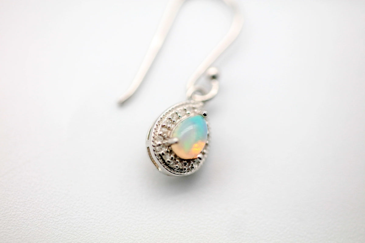 Opal Diamond Halo Drop Earrings in Sterling Silver – view 6