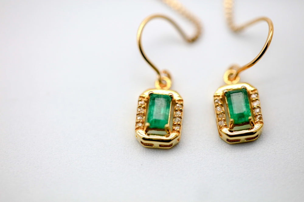 Colombian Emerald Diamond Halo Threader Earrings in Gold Vermeil by Made Design Jewelry